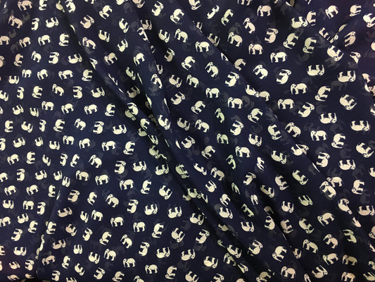 Navy Crepe Fabric With Elephant Pattern