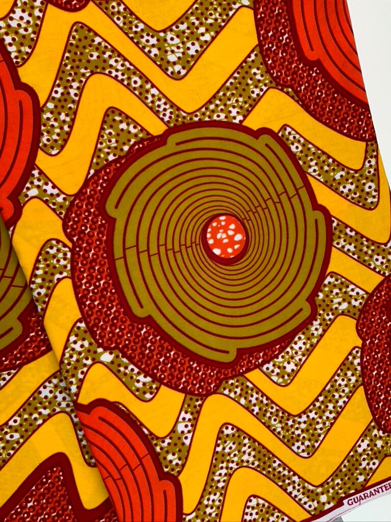 High Quality African Wax Print - Orange Golden Yellow, Red, Burgundy Spiral Design