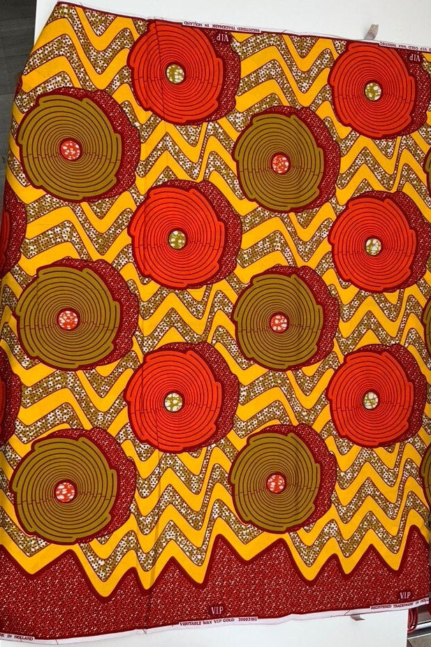 High Quality African Wax Print - Orange Golden Yellow, Red, Burgundy Spiral Design