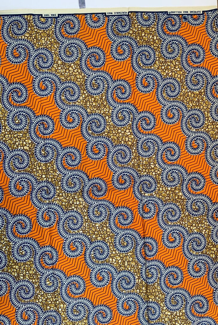 African Wax Print Fabric - Ankara - Orange and Navy Blue