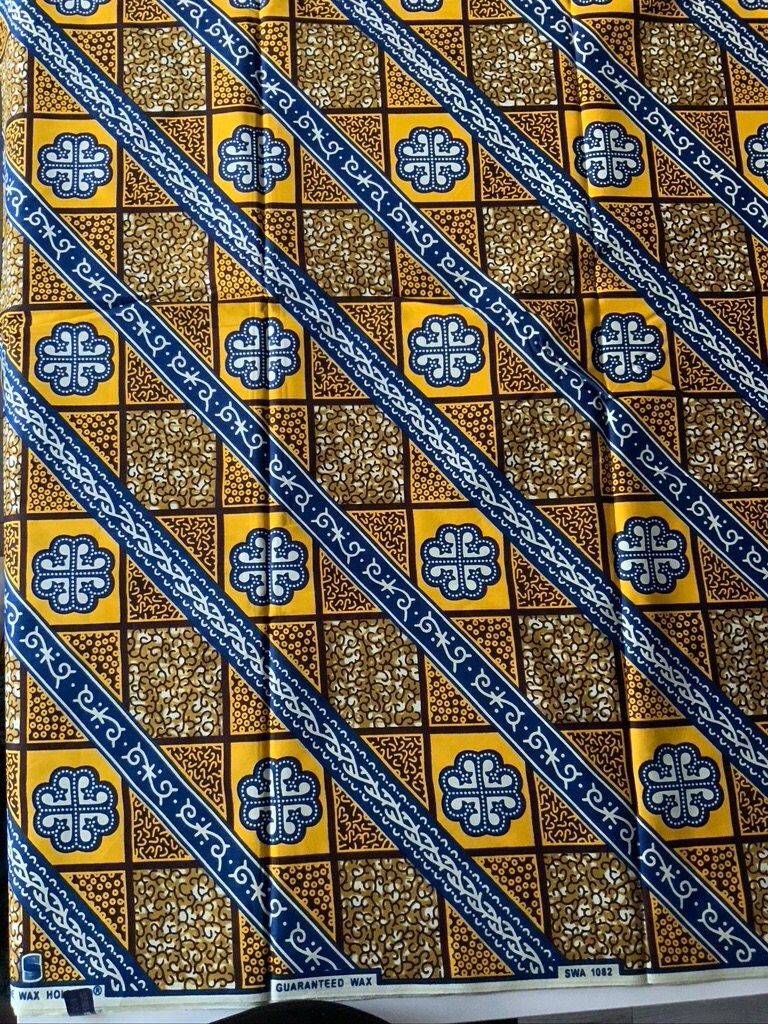 6 yrds High Quality African Wax Print - Ankara -  Gold, Blue and Yellow Brilliant Colour