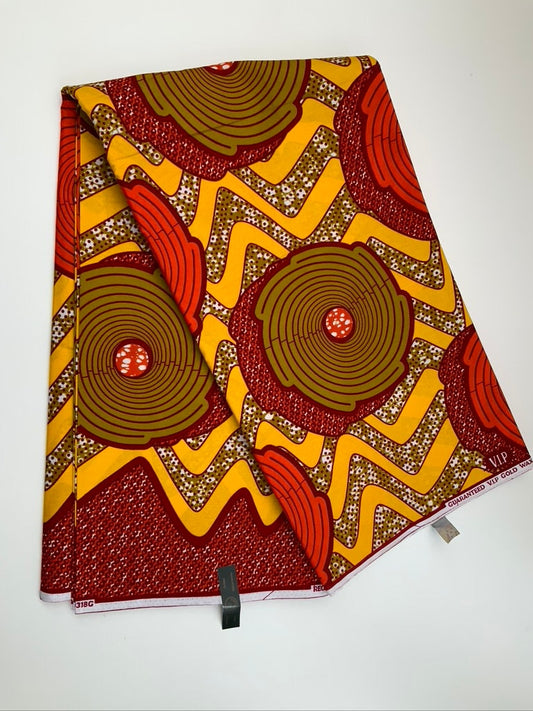 High Quality African Wax Print - Orange Golden Yellow, Red, Burgundy Spiral Design