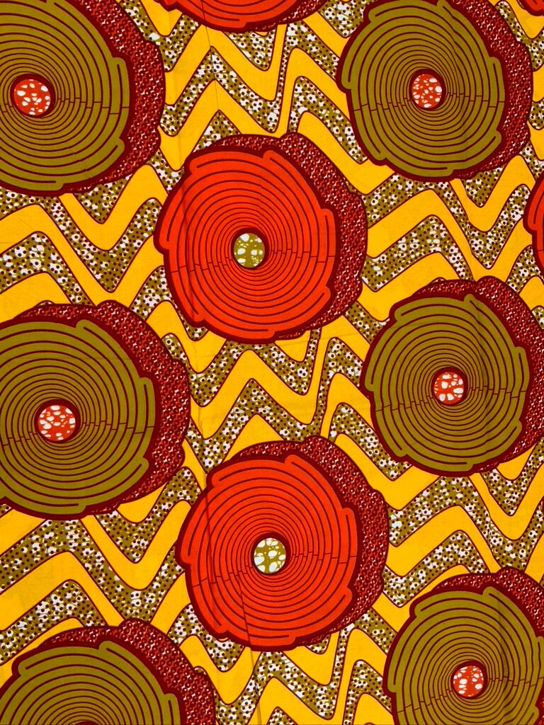 High Quality African Wax Print - Orange Golden Yellow, Red, Burgundy Spiral Design