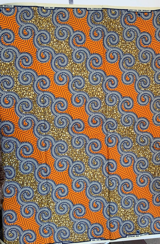 African Wax Print Fabric - Ankara - Orange and Navy Blue