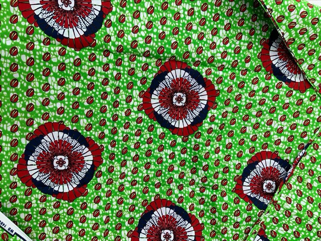 6 yrds High Quality African Wax Print - Ankara - Burgundi, Blue, and Green Brilliant Colour