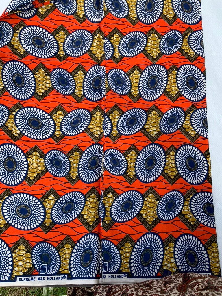 6 yrds High Quality African Wax Print - Ankara -  Orange Blue and Gold Brilliant Colour