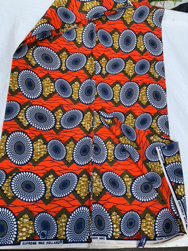 6 yrds High Quality African Wax Print - Ankara -  Orange Blue and Gold Brilliant Colour