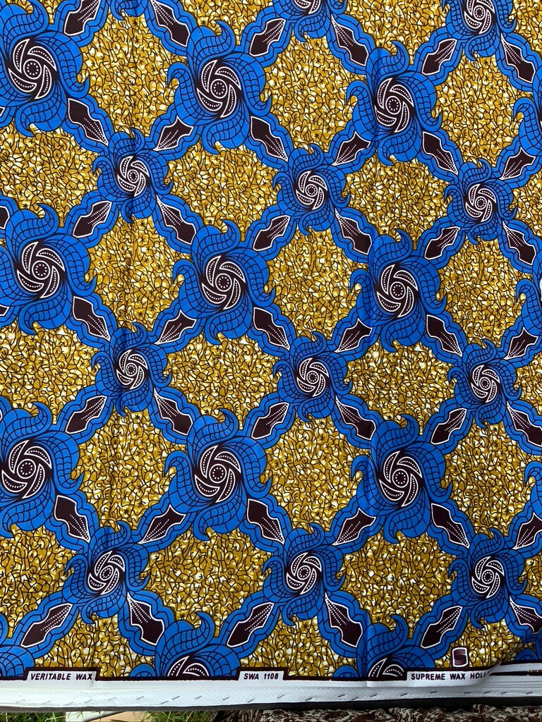 6 yrds High Quality African Wax Print - Ankara -  Blue, Brown  and gold Brilliant Colour