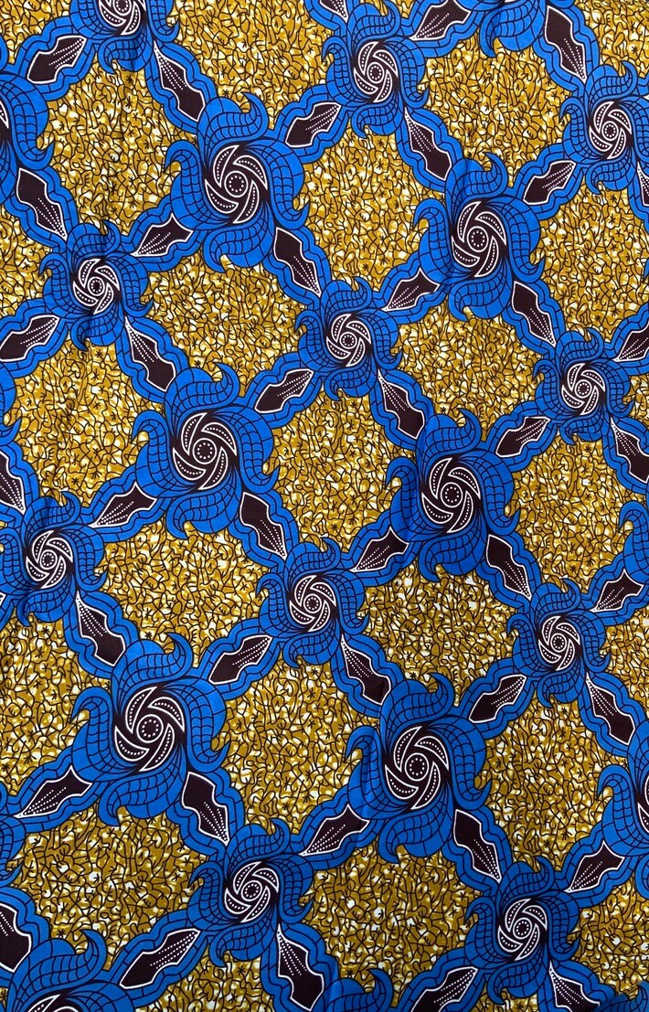 6 yrds High Quality African Wax Print - Ankara -  Blue, Brown  and gold Brilliant Colour