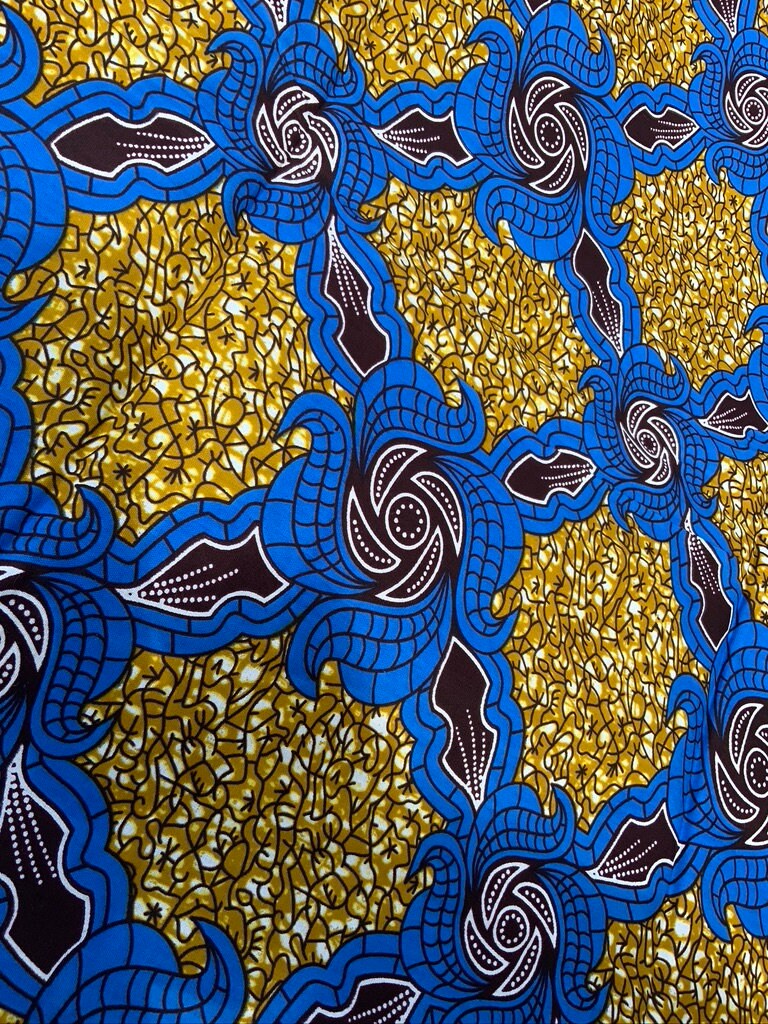 6 yrds High Quality African Wax Print - Ankara -  Blue, Brown  and gold Brilliant Colour