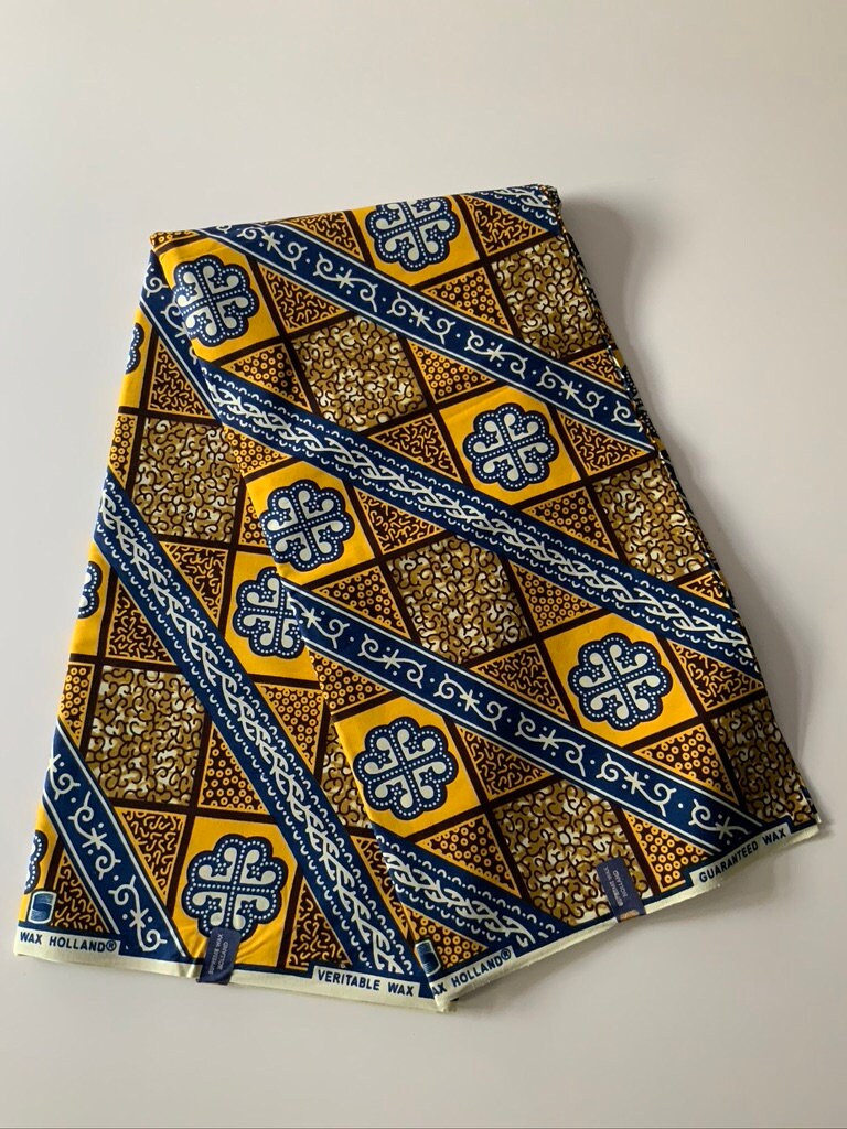 6 yrds High Quality African Wax Print - Ankara -  Gold, Blue and Yellow Brilliant Colour