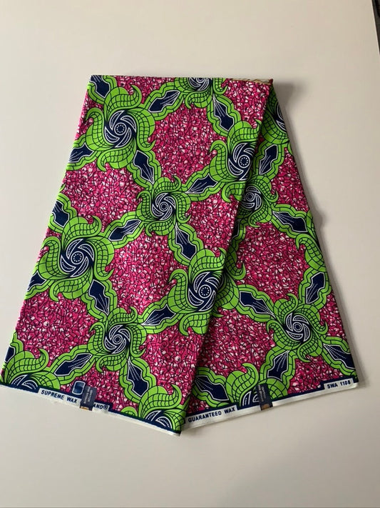 High Quality 6yrds African Wax Print Fabric - Ankara - Green, Pink and Blue Vibrant colour