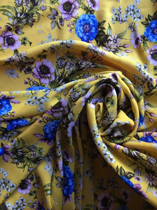 Blue and Purple with Yellow Background Floral Viscose Fabric