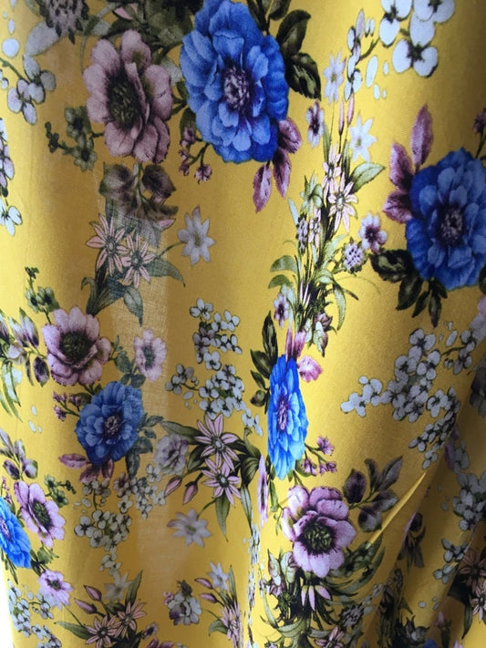 Blue and Purple with Yellow Background Floral Viscose Fabric