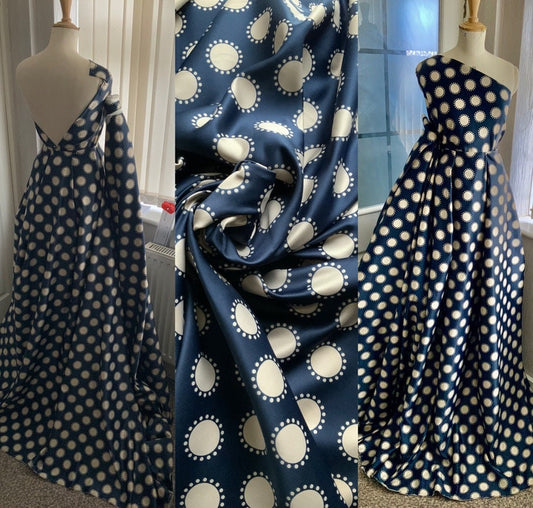 Navy Blue and Beige Duchess Satin