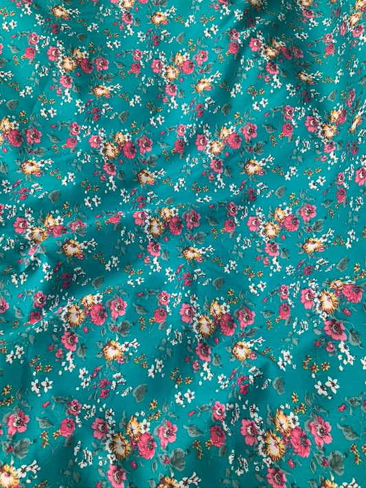 Teal Floral Pansies Cotton Poplin