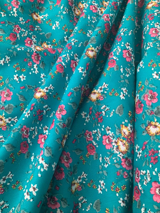 Teal Floral Pansies Cotton Poplin